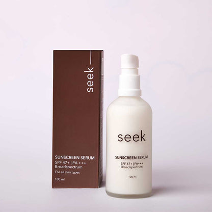 seek skincare broad spectrum sunscreen serum with SPF 47+ and PA+++, its toxin-free, no fragrance and no white cast formula make it suitable for all skin types.